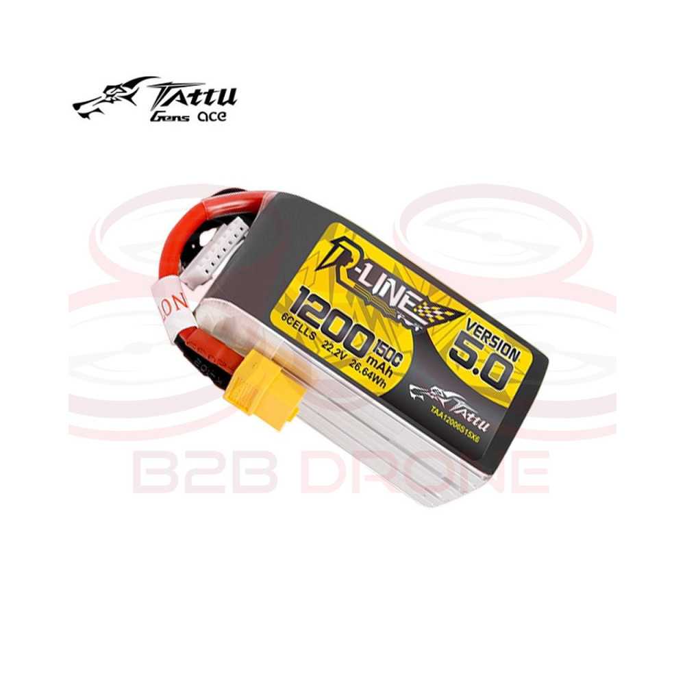 Tattu R-Line 1200mAh V5.0 150C 22.2V 6S1P Lipo Battery Pack - Plug XT60
