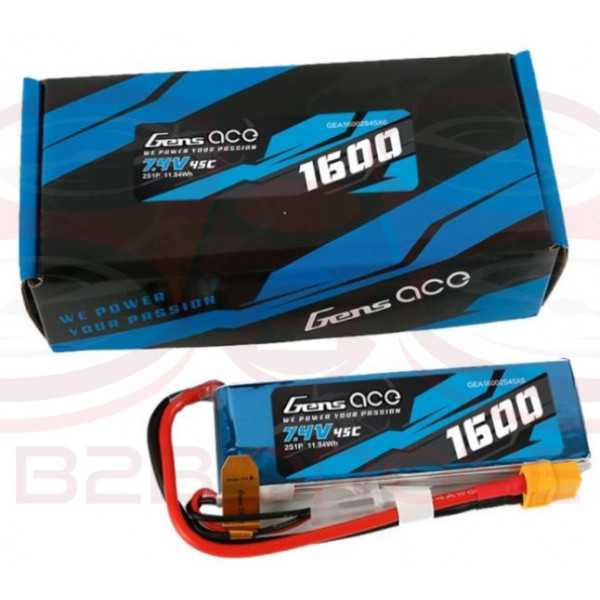 Gens ace 1600mAh 7.4V 45C 2S1P Lipo Battery Pack - Plug XT60